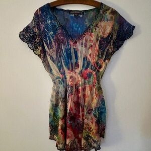 Mushbaby Sienna Rose-Colorful Sheer Top-Sz S-Smocked Waist-Fairy Grunge-Festival